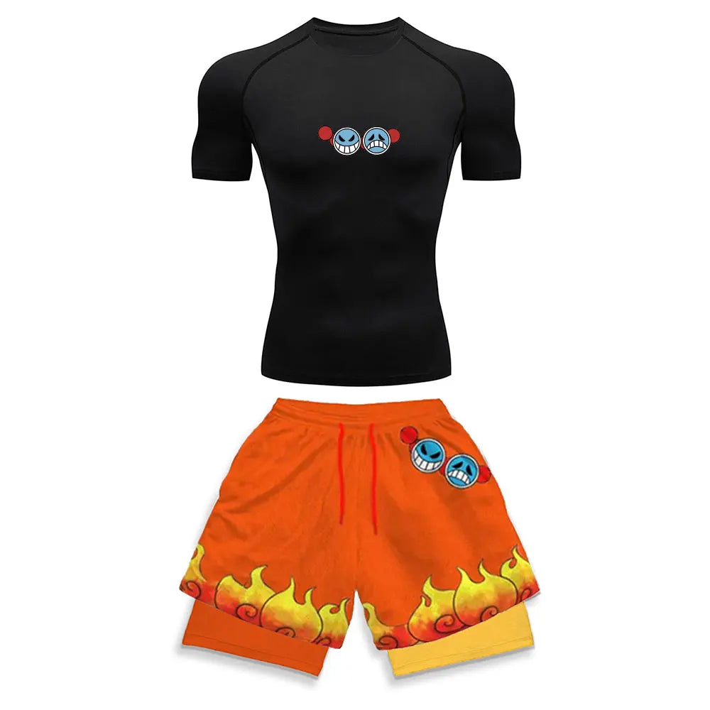 One Piece Ace Fire Fist Legacy Gym Compression Rash Guard Set