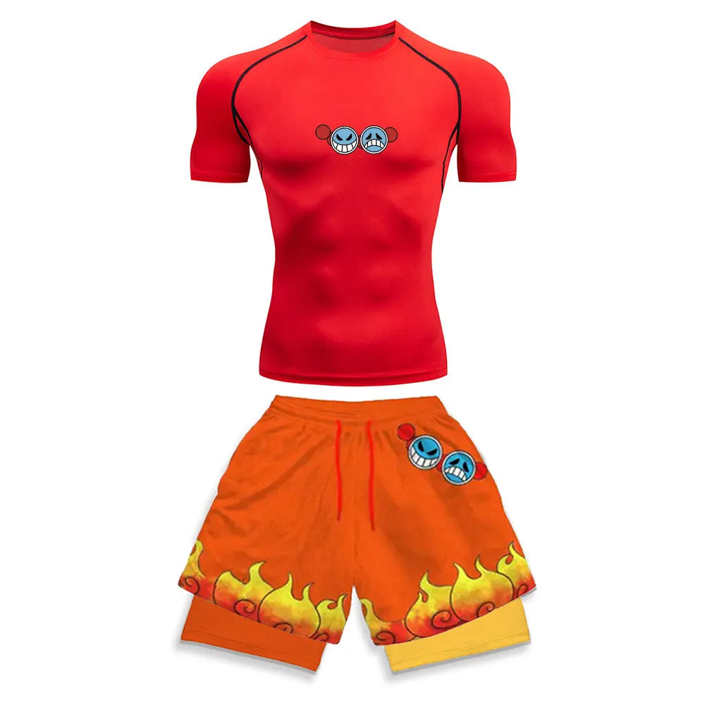 One Piece Ace Fire Fist Legacy Gym Compression Rash Guard Set