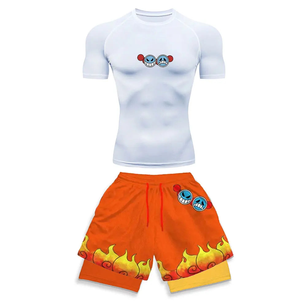 One Piece Ace Fire Fist Legacy Gym Compression Rash Guard Set